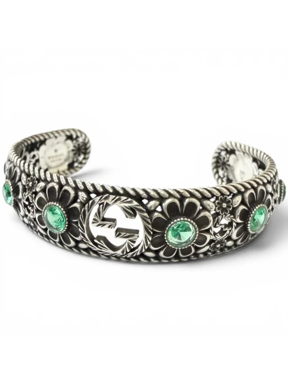Gucci Rhinestone Crystal Floral Interlocking G Bangle Silver Green 16 Bracelet